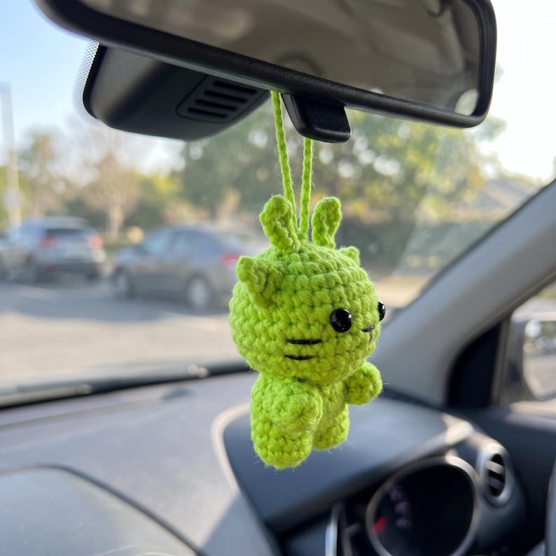 Handmade Lime Green Cat Crochet Car Charm Keychain