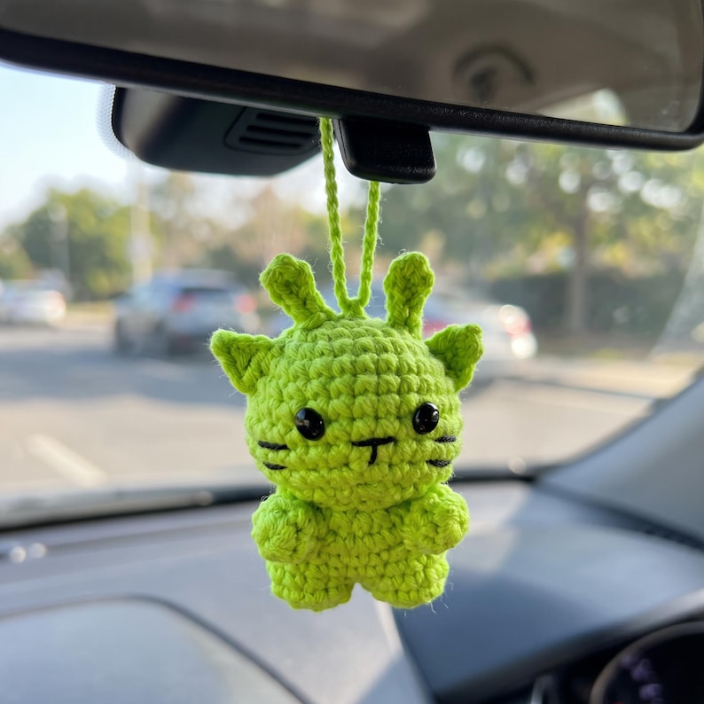Handmade Lime Green Cat Crochet Car Charm Keychain
