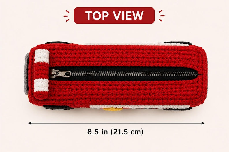 Crochet Fire Truck Pencil Case, Handmade Fire Engine Pencil Pouch, Back to School Gift for Boys, Kids School Supplies, Firefighter Gift