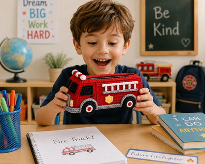 Crochet Fire Truck Pencil Case, Handmade Fire Engine Pencil Pouch, Back to School Gift for Boys, Kids School Supplies, Firefighter Gift
