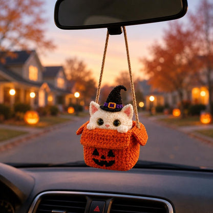 Halloween Cat Car Mirror Hanger, Crochet Pumpkin Cat Ornament, Handmade Rearview Mirror Decor, Witch Cat Car Charm, Halloween Hanging Decor