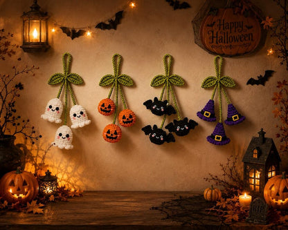Halloween Crochet Car Charm, Ghost Pumpkin Bat Witch Hat Rear View Mirror Hanging,Halloween Car Accessory, Handmade Gift, Backpack Accessory