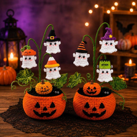 Crochet Halloween Pumpkin Ghost Pot, Spooky Pumpkin Decor, Ghost Flower Pot,Halloween Desk Decor, Halloween Gift, Handmade Gothic Home Decor