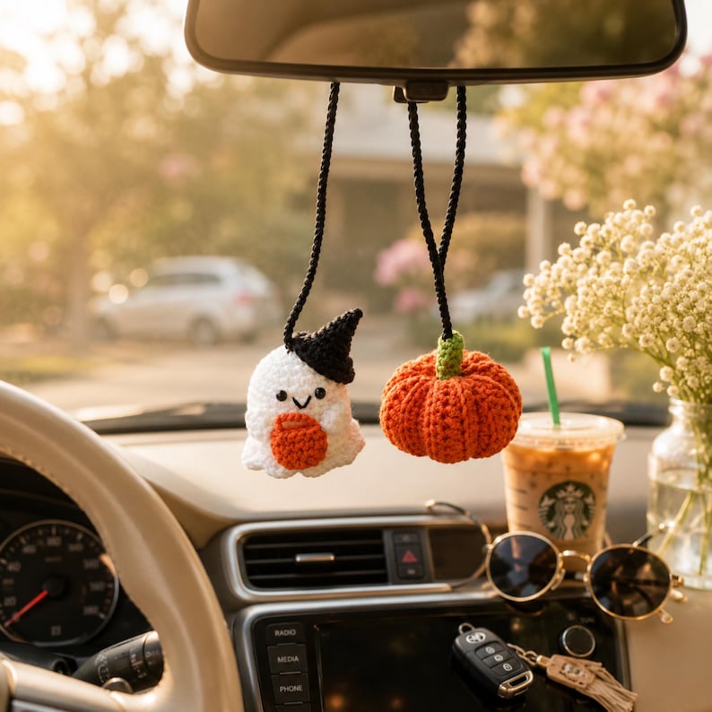 Crochet Ghost and Pumpkin Car Hanging, Crochet Pumpkin,New Car Gift, Mirror Accessories Decoration, Halloween Gift