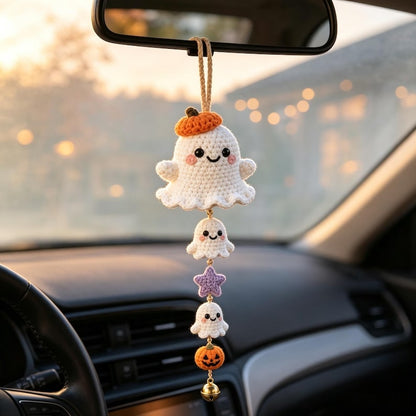 Handmade Crochet Halloween Car Charm, Cute Spooky Rearview Mirror Hanger, Thoughtful Fall Gift for Friends and Drivers