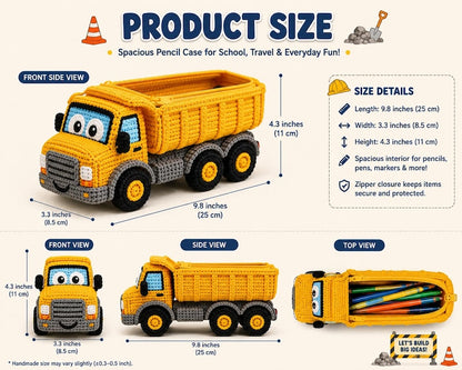 Crochet Dump Truck Pencil Case, Construction Truck Pencil Pouch, Kids Back to School Gift, Handmade Zipper Pen Organizer for Boys