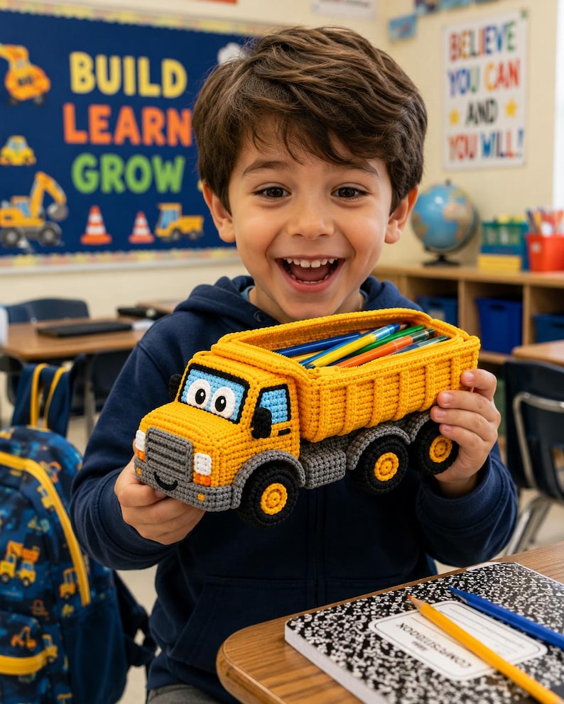 Crochet Dump Truck Pencil Case, Construction Truck Pencil Pouch, Kids Back to School Gift, Handmade Zipper Pen Organizer for Boys