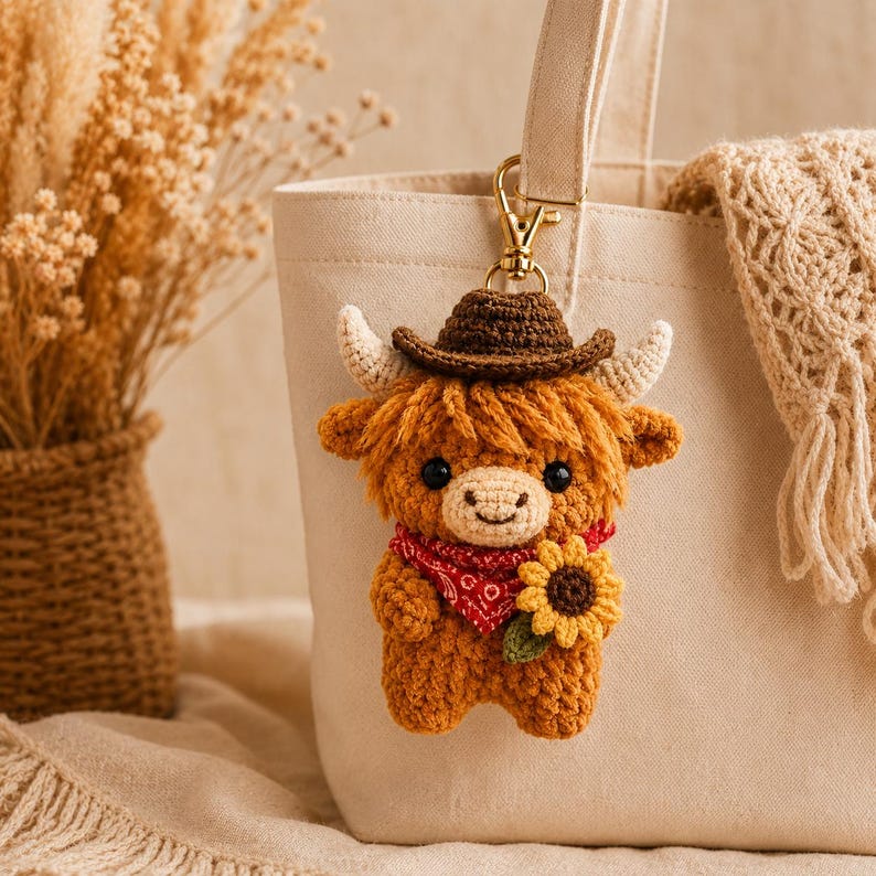 Crochet Highland Cow Keychain, Cowboy Cow Plush with Sunflower, Cute Car Mirror Hanging Charm, Farmhouse Bag Clip, Country Gift for Her