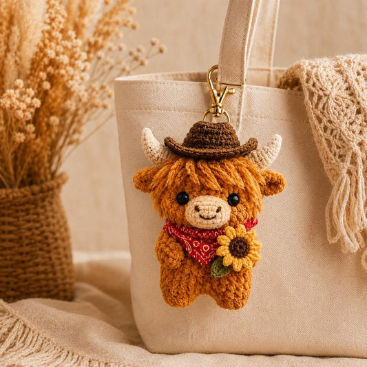 Crochet Highland Cow Keychain, Cowboy Cow Plush with Sunflower, Cute Car Mirror Hanging Charm, Farmhouse Bag Clip, Country Gift for Her