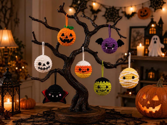 Handmade Crochet Halloween Ornaments, Spooky Tree Decorations, Ghost Spider Pumpkin Bat Skull Witch Hat Hanging Charms, Halloween Tree Decor