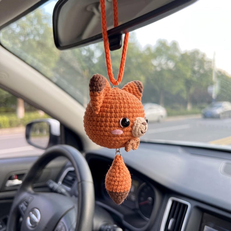 Handmade Crochet Fox Rearview Mirror Charm for Car Lovers