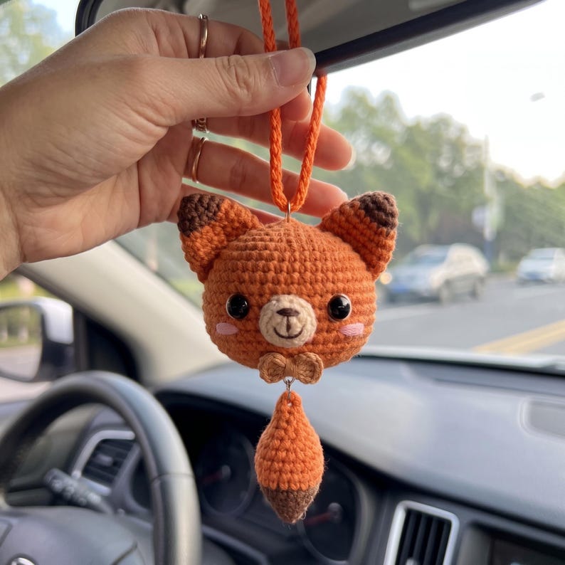 Handmade Crochet Fox Rearview Mirror Charm for Car Lovers