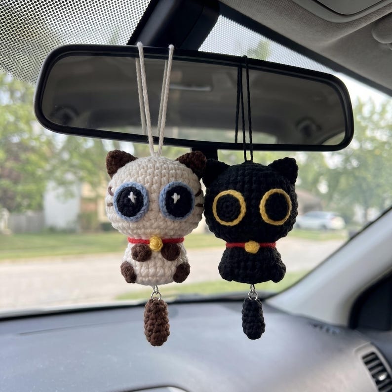 Handmade Crochet Cat Charm for Car Rearview Mirror
