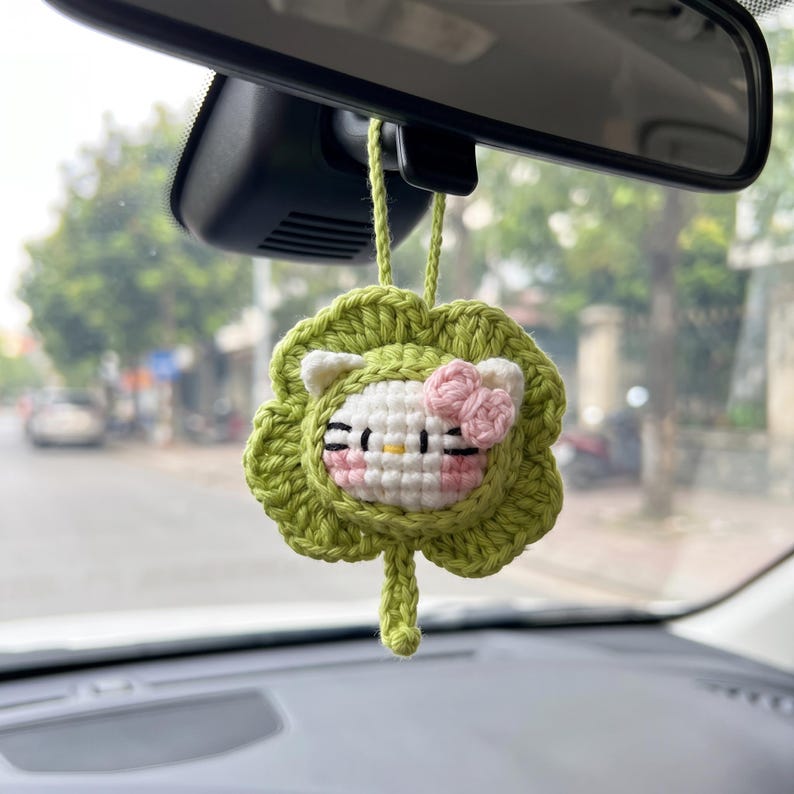 Handmade Kawaii Cat Car Charm — Cute Crochet Rearview Mirror Hanging