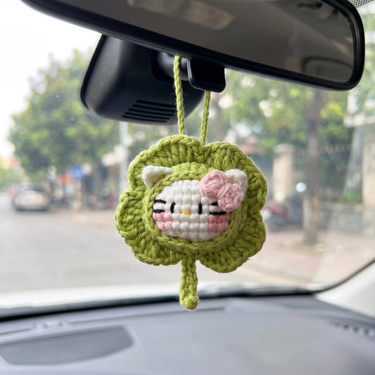 Handmade Kawaii Cat Car Charm — Cute Crochet Rearview Mirror Hanging