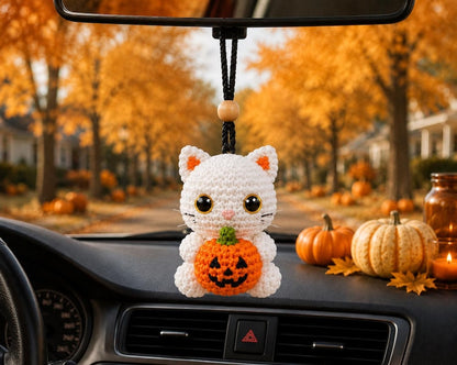 Halloween White Cat Crochet Keychain, Car Charm, Handmade Amigurumi White Cat, Cute Witch Cat Gift, Pumpkin Moon Broom Charm, Halloween Gift