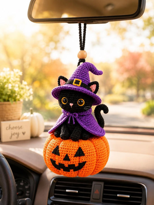 Crochet Black Cat Witch on Pumpkin, Halloween Crochet Decor, Black Cat Car Hanger, Witch Cat Keychain, Handmade Halloween Gift