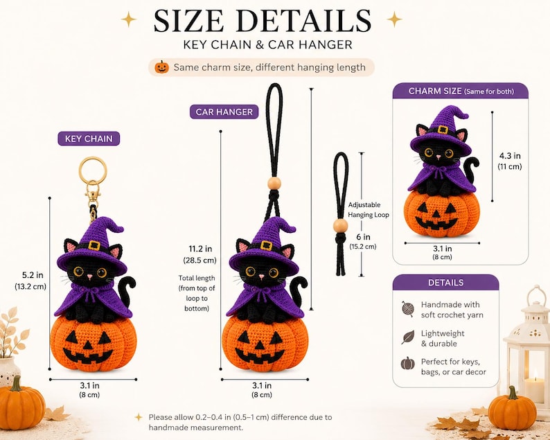 Crochet Black Cat Witch on Pumpkin, Halloween Crochet Decor, Black Cat Car Hanger, Witch Cat Keychain, Handmade Halloween Gift