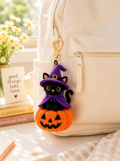 Crochet Black Cat Witch on Pumpkin, Halloween Crochet Decor, Black Cat Car Hanger, Witch Cat Keychain, Handmade Halloween Gift
