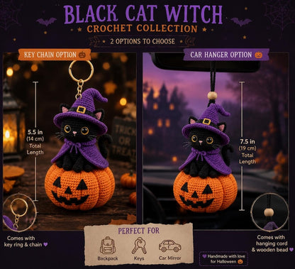 Crochet Black Cat Witch on Pumpkin, Halloween Crochet Decor, Black Cat Car Hanger, Witch Cat Keychain, Handmade Halloween Gift