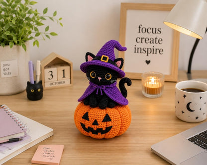 Crochet Black Cat Witch on Pumpkin, Halloween Crochet Decor, Black Cat Car Hanger, Witch Cat Keychain, Handmade Halloween Gift