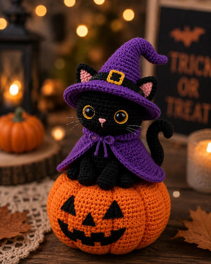 Crochet Black Cat Witch on Pumpkin, Halloween Crochet Decor, Black Cat Car Hanger, Witch Cat Keychain, Handmade Halloween Gift