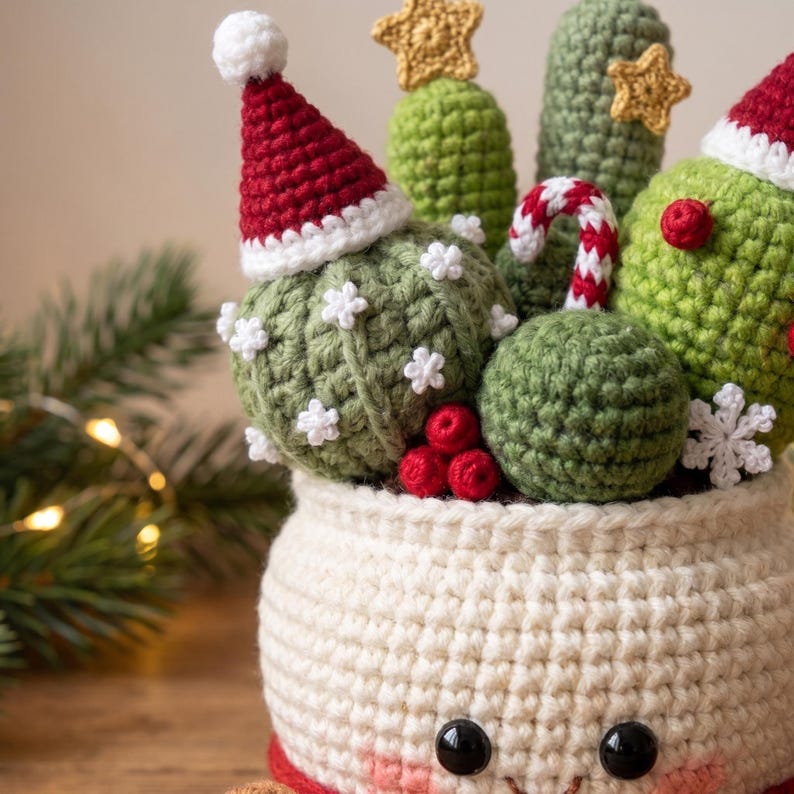 Christmas Cactus Crochet Pot, Cute Holiday Cactus Decor, Handmade Amigurumi Plant, Christmas Desk Decor, Plant Lover Gift