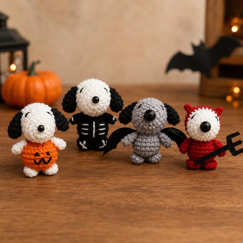 Crochet Halloween Dog Keychain, Handmade Amigurumi Spooky Keyring, Devil, Skeleton, Bat or Pumpkin, Halloween Bag Charm