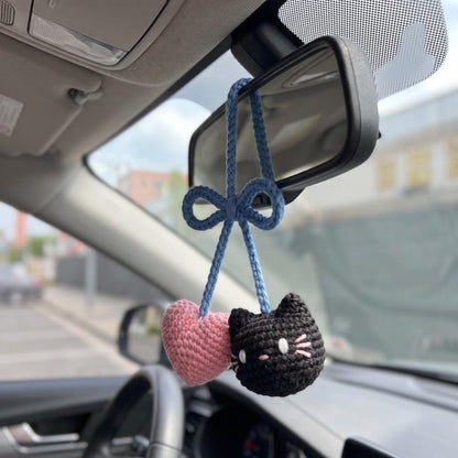 Crochet Cat Heart Car Hanging, Handmade Rearview Mirror Charm, Kawaii Amigurumi Decor