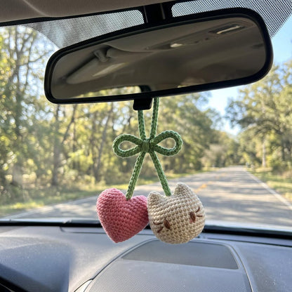 Crochet Cat Heart Car Hanging, Handmade Rearview Mirror Charm, Kawaii Amigurumi Decor