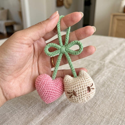Crochet Cat Heart Car Hanging, Handmade Rearview Mirror Charm, Kawaii Amigurumi Decor