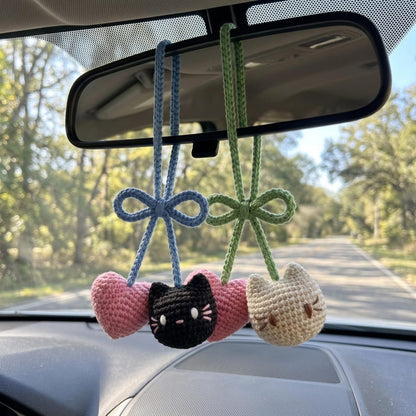 Crochet Cat Heart Car Hanging, Handmade Rearview Mirror Charm, Kawaii Amigurumi Decor
