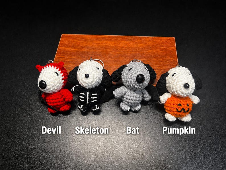 Crochet Halloween Dog Keychain, Handmade Amigurumi Spooky Keyring, Devil, Skeleton, Bat or Pumpkin, Halloween Bag Charm