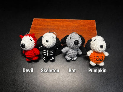 Crochet Halloween Dog Keychain, Handmade Amigurumi Spooky Keyring, Devil, Skeleton, Bat or Pumpkin, Halloween Bag Charm