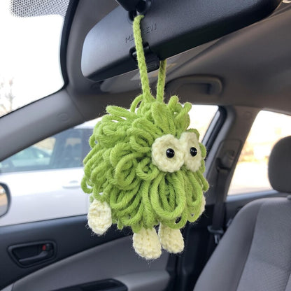 Handmade Lime Green Monster Crochet Car Charm — Kawaii Rearview Mirror Accessory