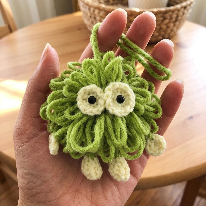 Handmade Lime Green Monster Crochet Car Charm — Kawaii Rearview Mirror Accessory