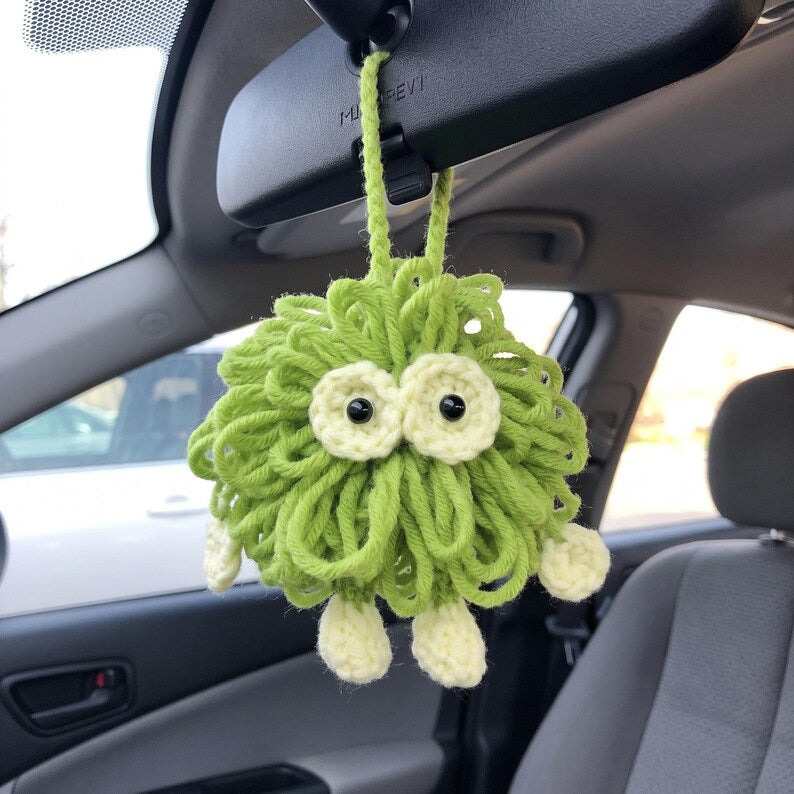 Handmade Lime Green Monster Crochet Car Charm — Kawaii Rearview Mirror Accessory