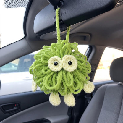 Handmade Lime Green Monster Crochet Car Charm — Kawaii Rearview Mirror Accessory
