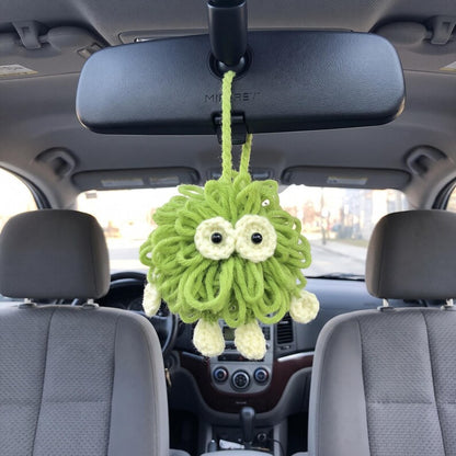Handmade Lime Green Monster Crochet Car Charm — Kawaii Rearview Mirror Accessory