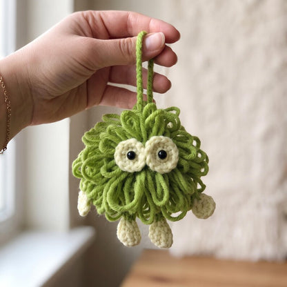 Handmade Lime Green Monster Crochet Car Charm — Kawaii Rearview Mirror Accessory