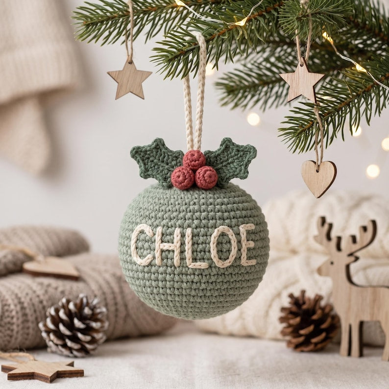 Personalized Crochet Christmas Ornament, Custom Name Bauble, Handmade Tree Decoration, Family Stocking Stuffer, Holiday Gift