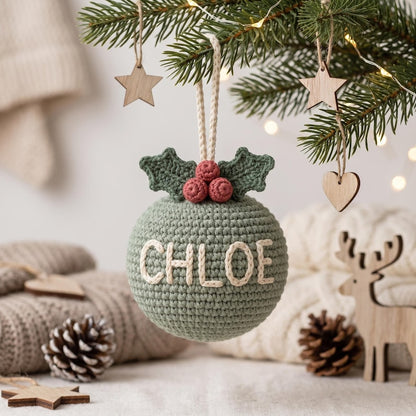 Personalized Crochet Christmas Ornament, Custom Name Bauble, Handmade Tree Decoration, Family Stocking Stuffer, Holiday Gift
