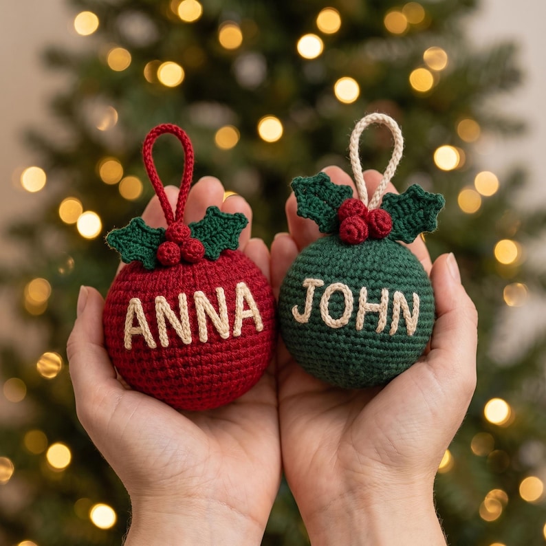 Personalized Crochet Christmas Ornament, Custom Name Bauble, Handmade Tree Decoration, Family Stocking Stuffer, Holiday Gift