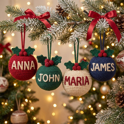 Personalized Crochet Christmas Ornament, Custom Name Bauble, Handmade Tree Decoration, Family Stocking Stuffer, Holiday Gift