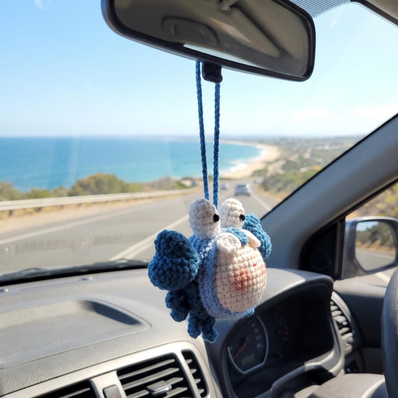 Handmade Kawaii Crab Crochet Car Charm with Rearview Mirror Hanger