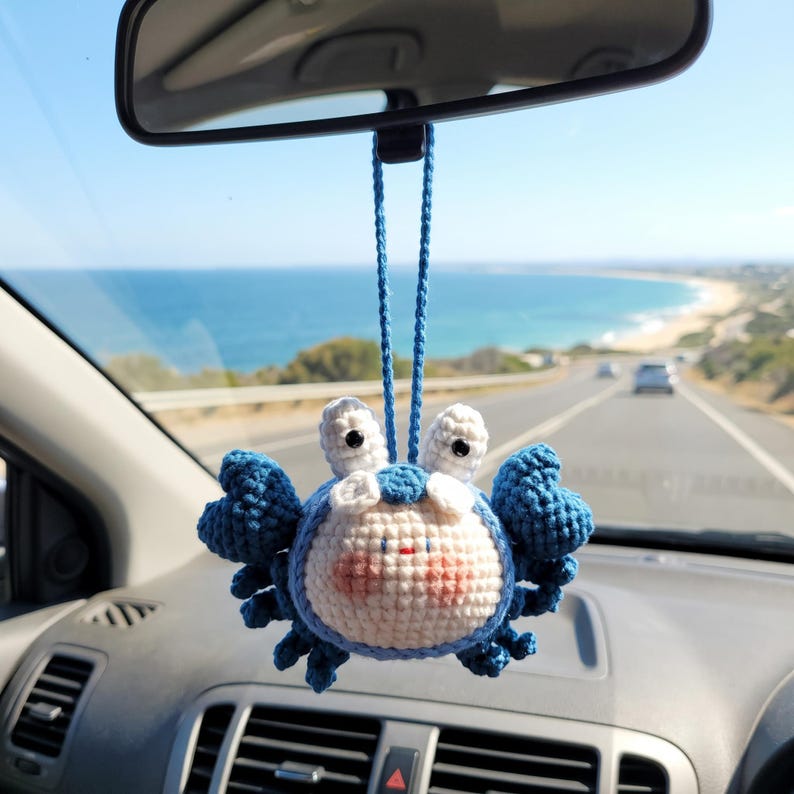 Handmade Kawaii Crab Crochet Car Charm with Rearview Mirror Hanger