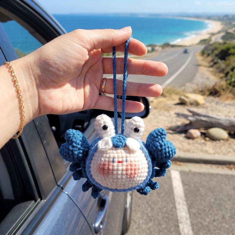 Handmade Kawaii Crab Crochet Car Charm with Rearview Mirror Hanger