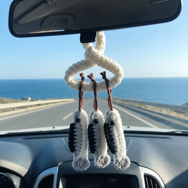 Handmade Boho Fish Skeleton Crochet Car Mirror Charms Set of 3