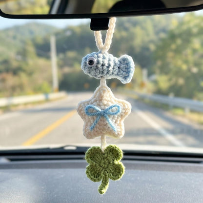 Handmade Crochet Car Charm with Fish, Star & Clover for Rearview Mirror