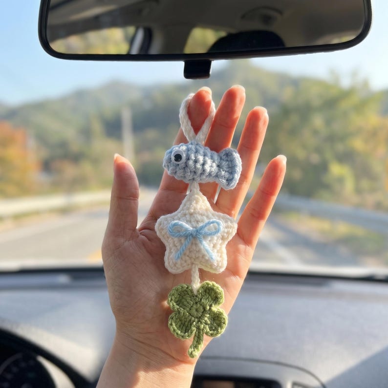 Handmade Crochet Car Charm with Fish, Star & Clover for Rearview Mirror
